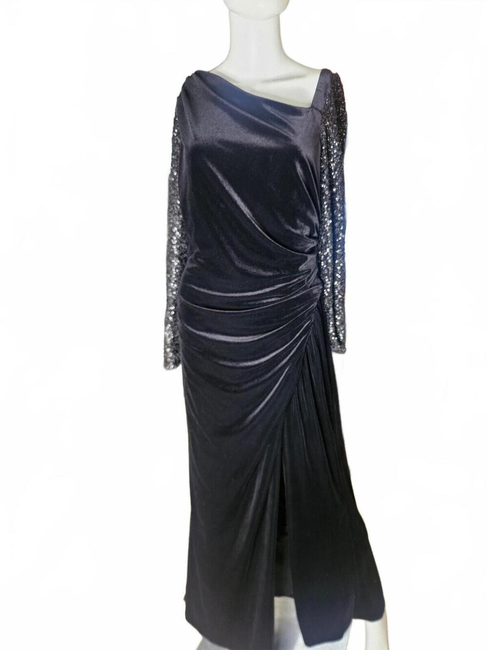 Adrianna Papell Black Velvet Evening Gown with Sequin Sleeves and Slit Sz 14 - Picture 2 of 9